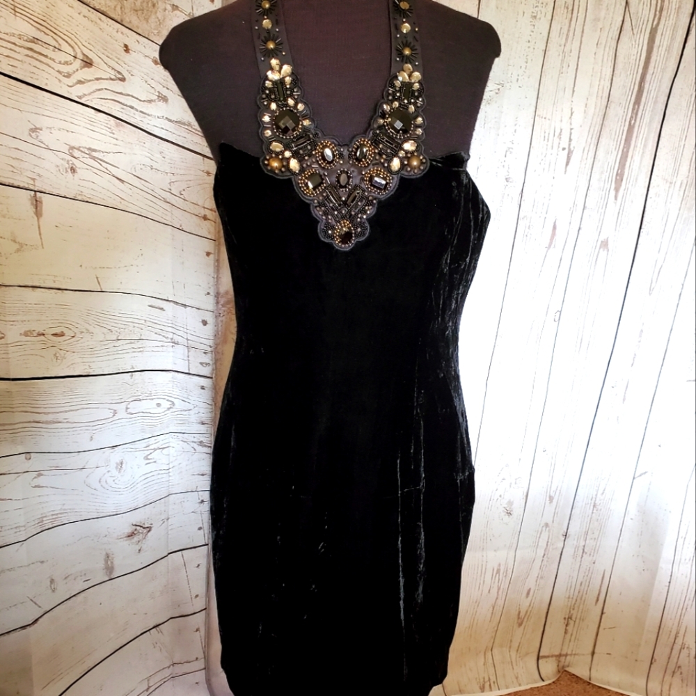 Laundry black velvet halter dress beaded neckline size 10